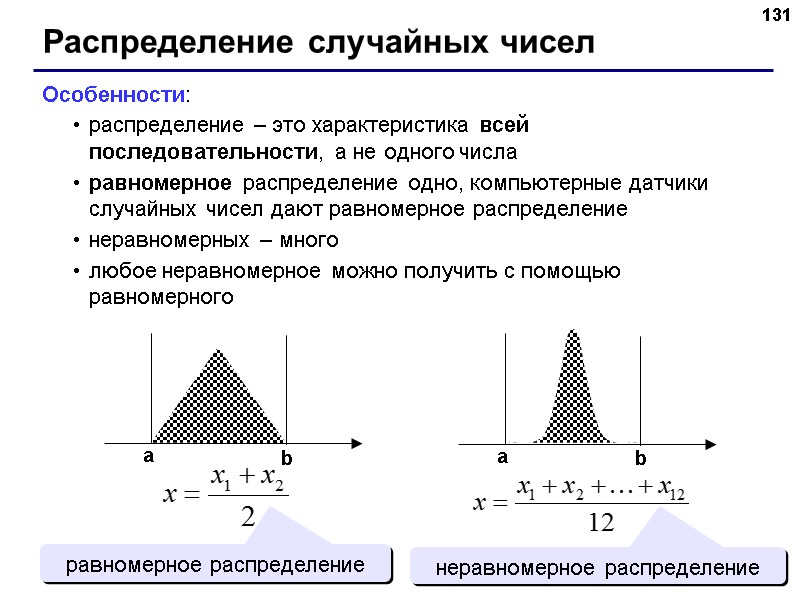 131 Распределение случайных чисел Особенности: распределение – это характеристика всей последовательности, а не 131 Распределение случайных чисел Особенности: распределение – это характеристика всей последовательности, а не